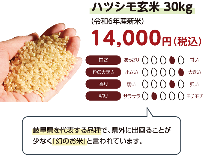 ハツシモ玄米 30kg（令和6年産新米）　14,000円（税込）